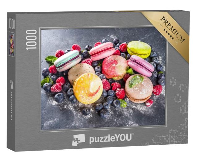 Puzzel 1000 stukjes „Kleurrijke Franse macarons met bessen en poedersuiker“