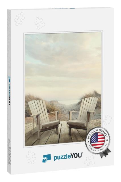 Wooden Deck with Chairs, Sand Dunes & Ocean At Sunset... Jigsaw Puzzle