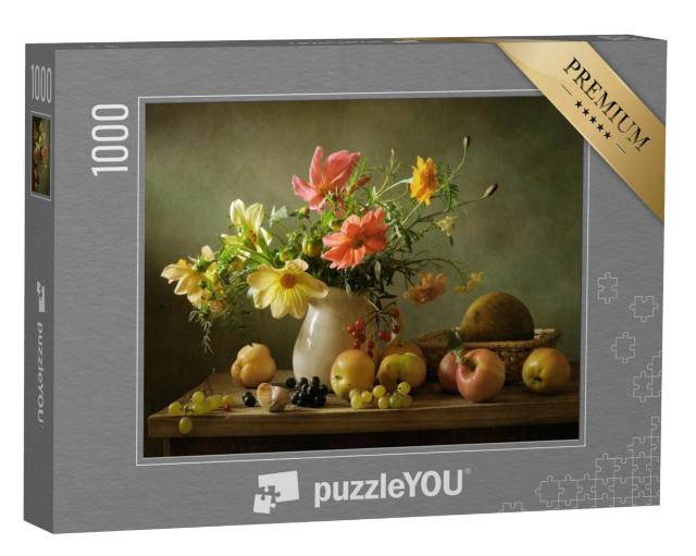 Puzzel 1000 stukjes „Stilleven met bloemen en fruit“