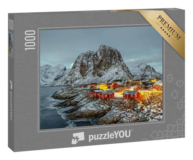 Puzzle 1000 Teile „Fischerhütte bei Sonnenuntergang, Panorama von den Lofoten, Norwegen“