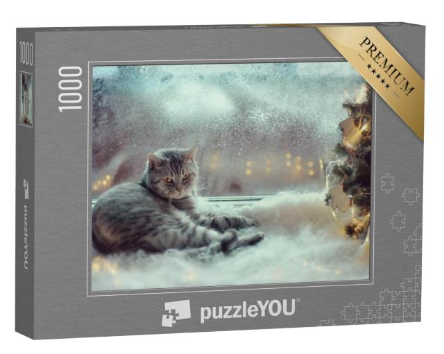 Puzzel 1000 stukjes „Kat in het winterraam“