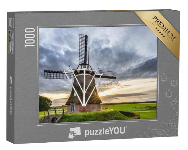 Puzzel 1000 stukjes „Oude historische molen in Aalden Drenthe Nederland met wolken en zonnestralen“