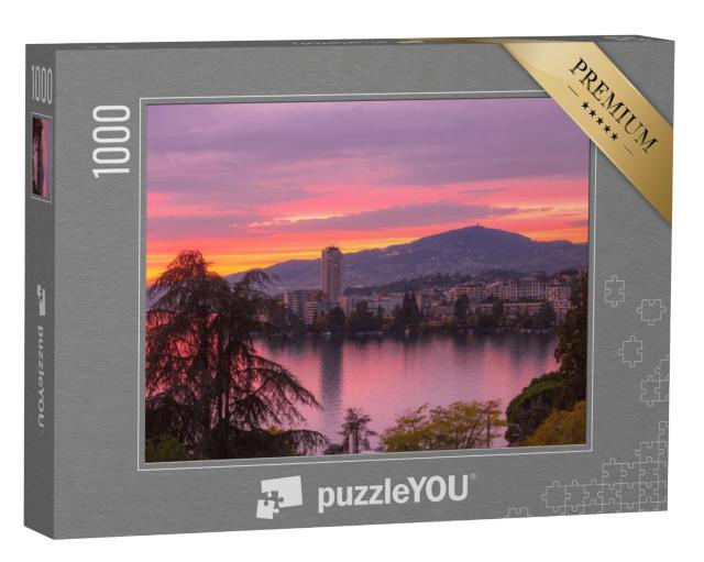 Puzzel 1000 stukjes „Zonsondergang met uitzicht op Montreux en het Meer van Genève, Zwitserland“