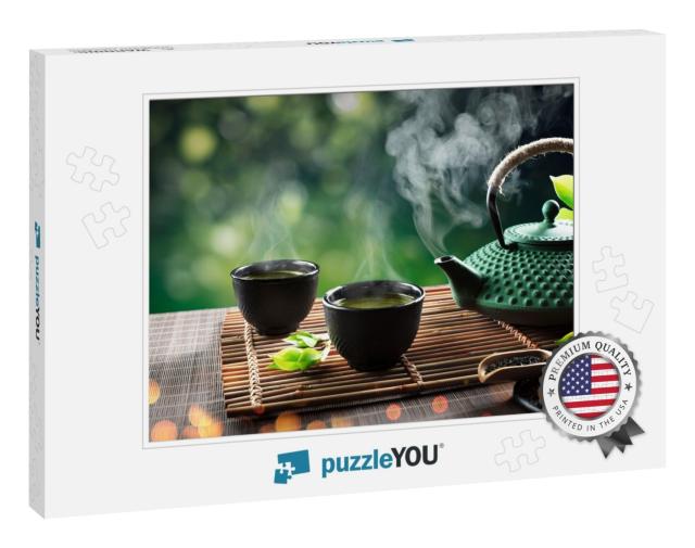 Japanese Tea - Hot Teapot & Teacups on Bamboo Mat... Jigsaw Puzzle