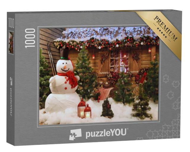 Puzzel 1000 stukjes „Feeststemming: kerstfoto met sneeuwpop bij het huis“