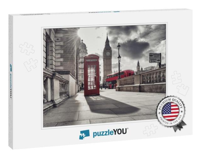 Red Telephone Booth & Big Ben in London, England, the Uk... Jigsaw Puzzle