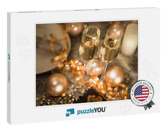 New Years Eve Party Table with Champagne Flute Rib... Jigsaw Puzzle
