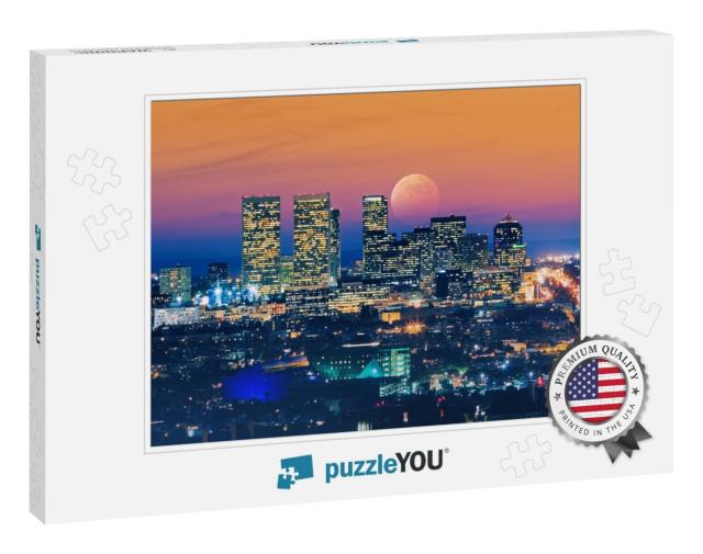 Ful Moon Rising Over Los Angeles Skyline At Dusk. View of... Jigsaw Puzzle