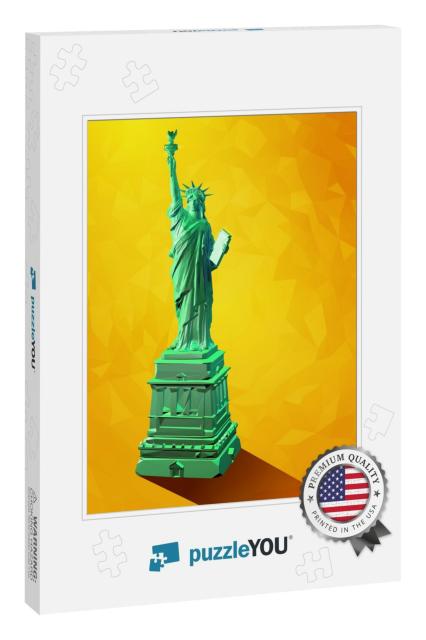 Low Poly 3D Liberty Statue Illustration on Bright Yellow... Jigsaw Puzzle