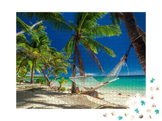Puzzle 1000 Teile „Hängematte unter tropischen Palmen, Fidschi-Inseln“