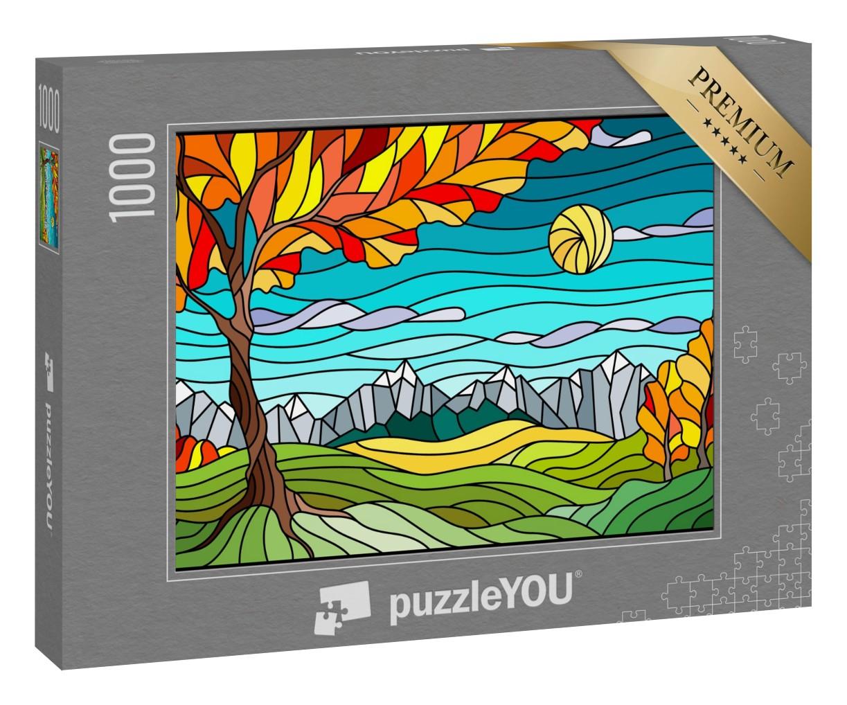 Puzzle 1000 Teile „Illustration im Stil der Glasmalerei: Eine Herbstlandschaft“