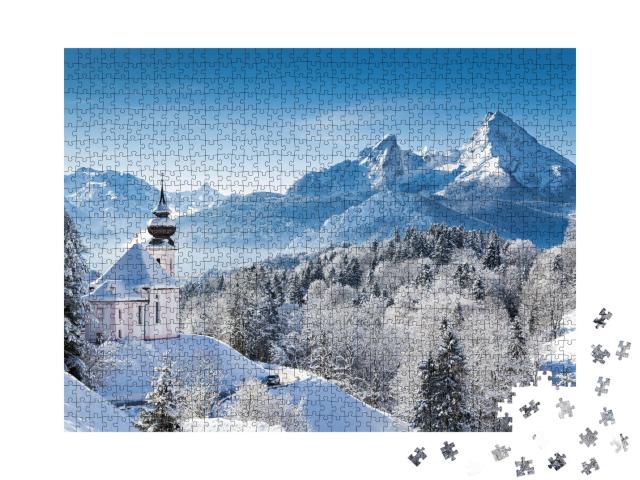 Puzzle 1000 Teile „Wallfahrtskirche und Watzmann-Gipfel im Winter, Berchtesgadener Land, Deutschland“