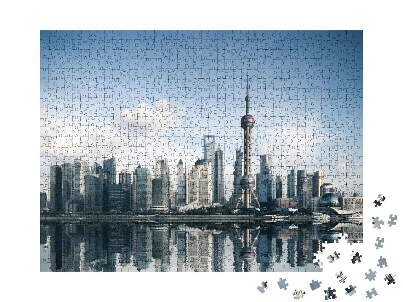 Puzzle 1000 Teile „Skyline von Shanghai mit Spiegelung im Wasser, China“