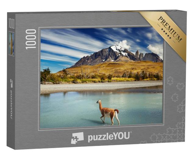 Puzzel 1000 stukjes „Guanaco steekt de rivier over in Torres del Paine, Patagonië, Chili“