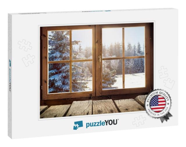 View Through the Window of a Cottage Into a Snow-Covered... Jigsaw Puzzle