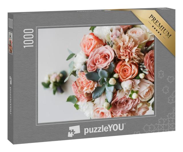 Puzzle 1000 Teile „Rosen, Pfingstrosen und Zierpflanzen: Blumenstrauß zur Hochzeit“