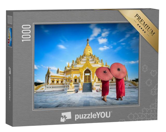 Puzzel 1000 stukjes „Monniken met rode paraplu's voor de Swe Taw Myat Pagode, Yangon, Myanmar“