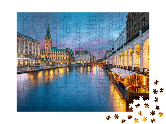 Puzzle 1000 Teile „Hamburger Rathaus und Alster im Sonnenuntergang“