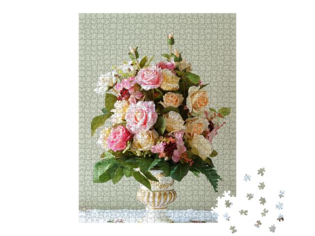 Puzzle 1000 Teile „Blume in der Vase auf braunem Hintergrund“