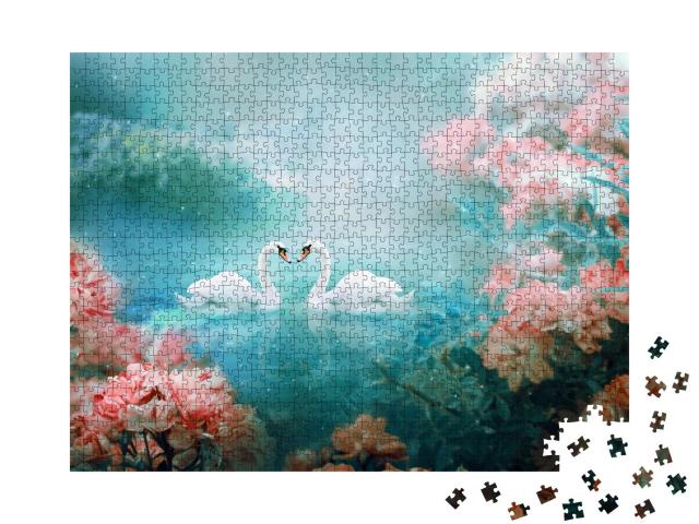 Puzzle 1000 Teile „Zwei weiße Schwäne schwimmen durch eine magische Märchenlandschaft“