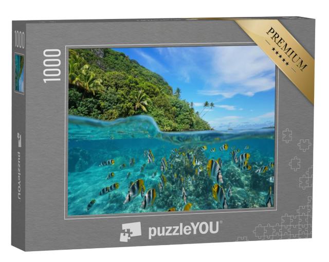 Puzzel 1000 stukjes „Tropische vissen boven en onder water, Huahine, Stille Oceaan“