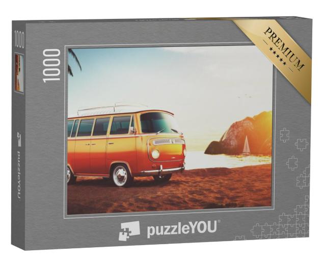 Puzzel 1000 stukjes „Retro bus op het strand bij zonsondergang“