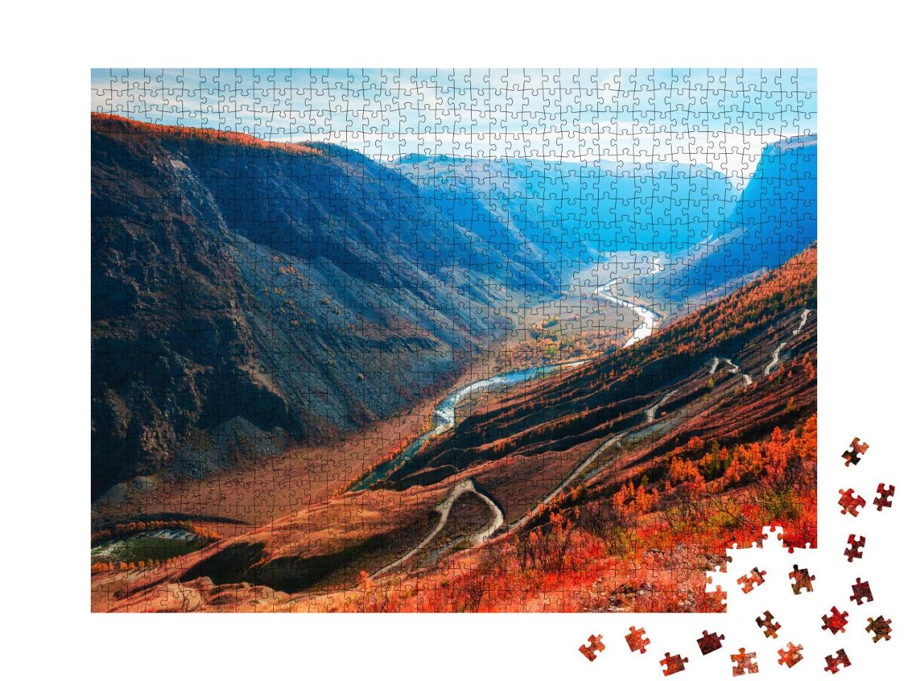Puzzle 1000 Teile „Schlucht des Flusses Chulyshman und Blick auf den Katu-Yaryk-Pass im Altai-Gebirge“