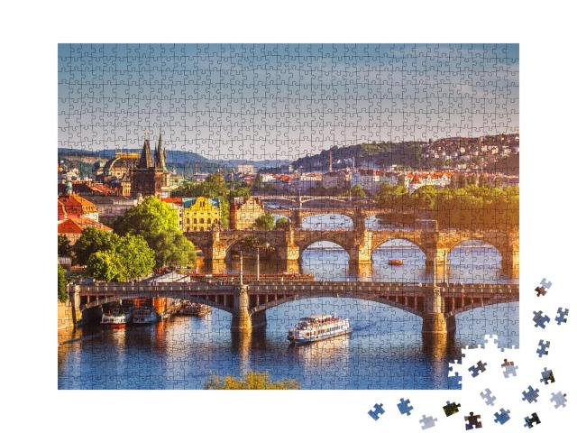 Puzzle 1000 Teile „Sonnenuntergang über der Karlsbrücke in Prag, Moldau, Tschechische Republik“