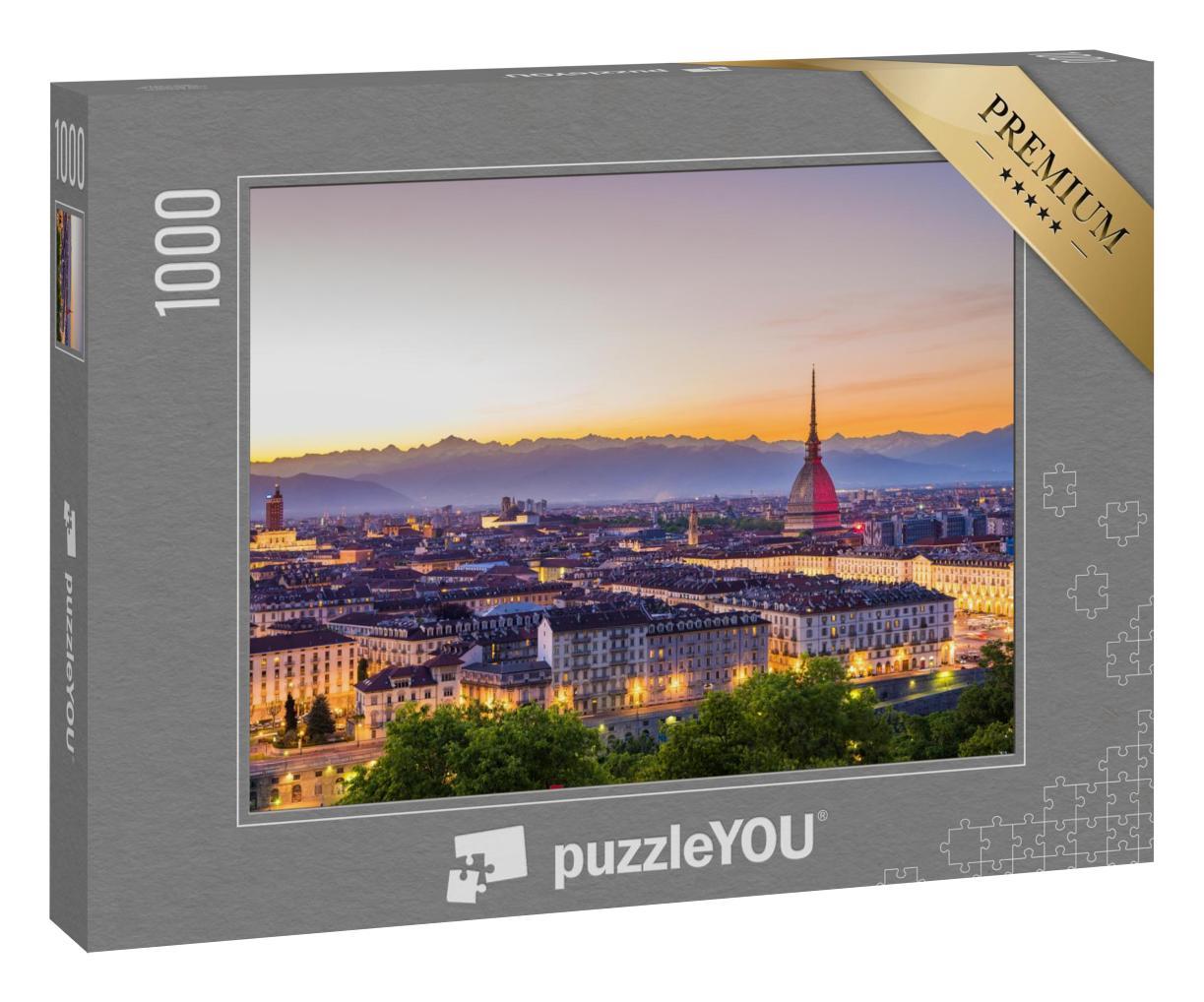Puzzle 1000 Teile „Skyline von Turin in Italien, Stadtbild bei Sonnenuntergang “
