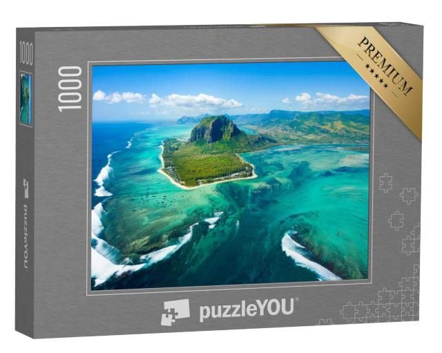 Puzzel 1000 stukjes „Indrukwekkende luchtfoto van het eilandpanorama en de onderwaterwaterwaterval van Mauritius“