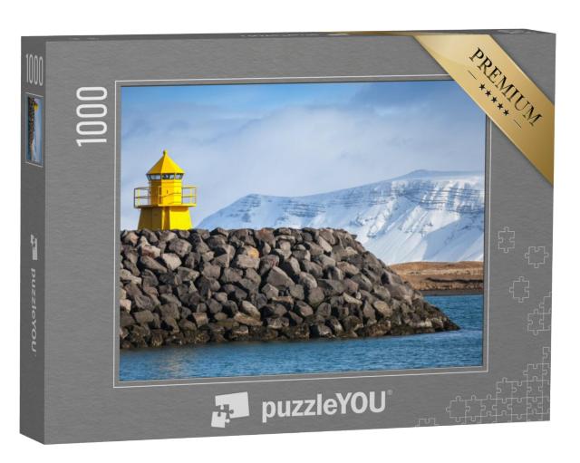 Puzzel 1000 stukjes „Gele vuurtoren op een stenen golfbreker voor de haven van Reykjavik“