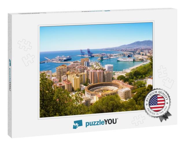 View of Malaga with Bullring & Harbor. Spain... Jigsaw Puzzle