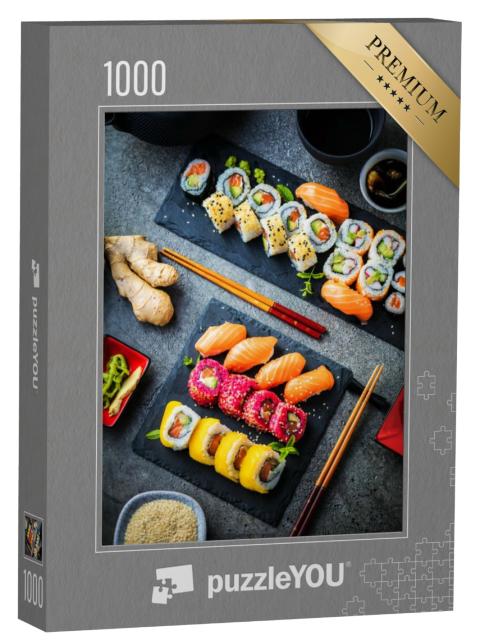 Puzzel 1000 stukjes „Maki en broodjes met vis, garnalen en avocado“