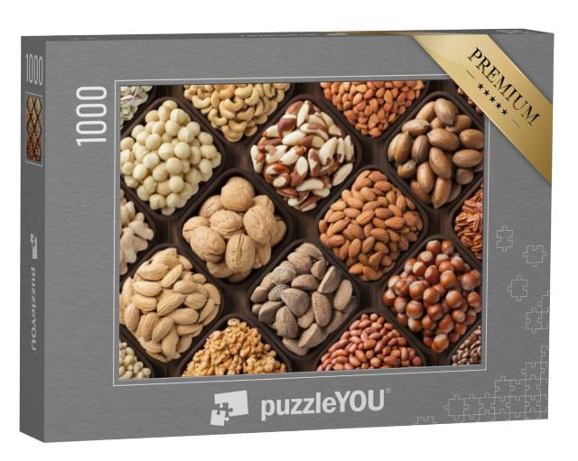 Puzzel 1000 stukjes „Zaden en noten in kleine symmetrische houten schaaltjes“