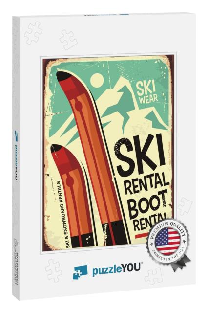Ski Rental Retro Sign Design with Pair of Skis & Winter M... Jigsaw Puzzle
