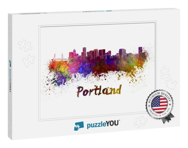 Portland Skyline in Watercolor Splatters with Clipping Pa... Jigsaw Puzzle