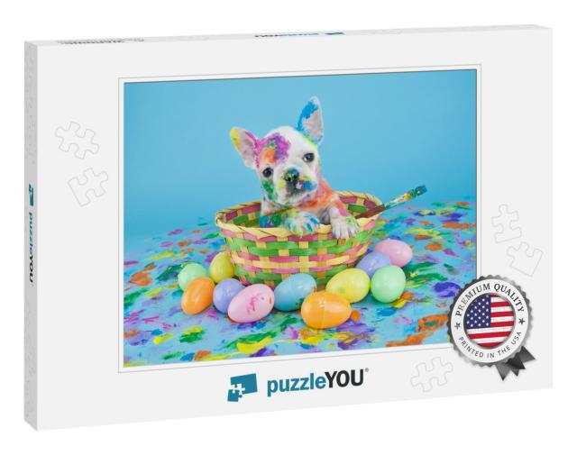 Funny Little French Bulldog Puppy Sitting in an Easter Ba... Jigsaw Puzzle