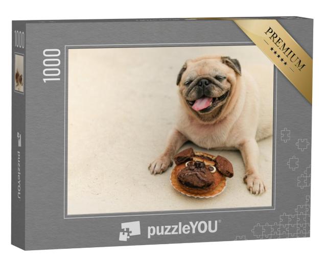 Puzzel 1000 stukjes „Mopshond met mopshond taart“