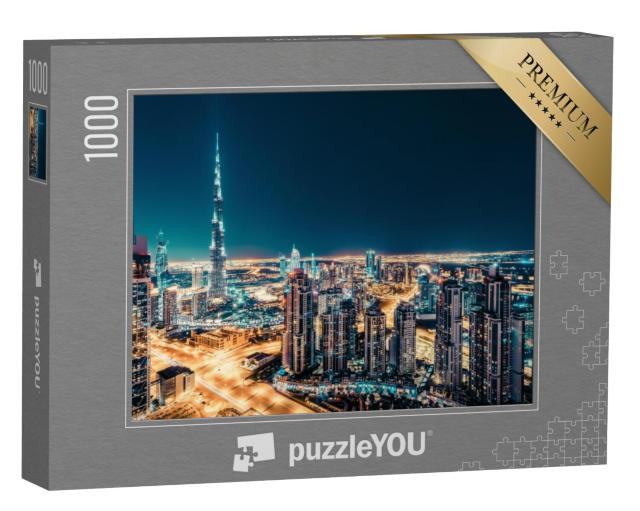 Puzzel 1000 stukjes „Skyline met verlichte wolkenkrabbers, Dubai“