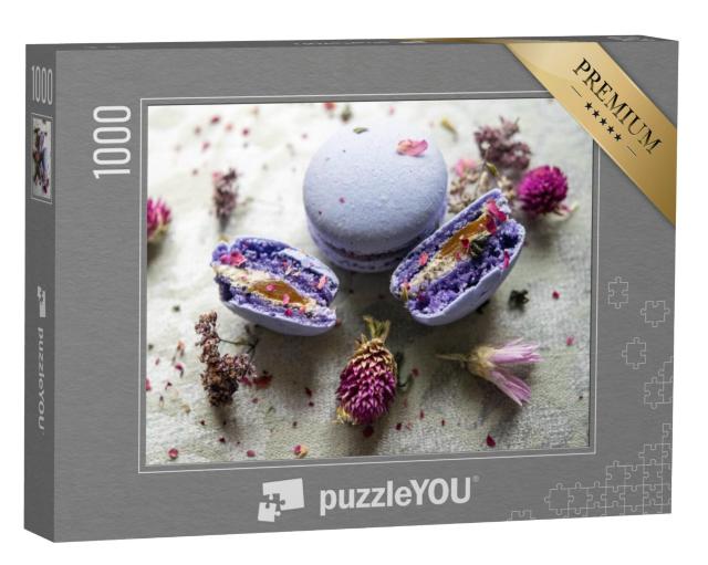 Puzzel 1000 stukjes „Paarse macarons met wilde bloemen“