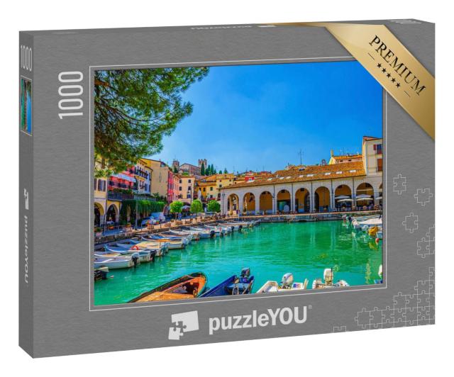 Puzzle 1000 Teile „Alter Hafen mit Motorbooten, Lombardei, Norditalien“