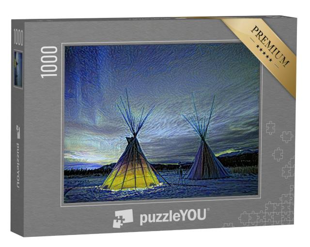 Puzzel 1000 stukjes „in de kunststijl van van Gogh, Sterrennacht - Tipies onder het noorderlicht in Yukon, Canada“