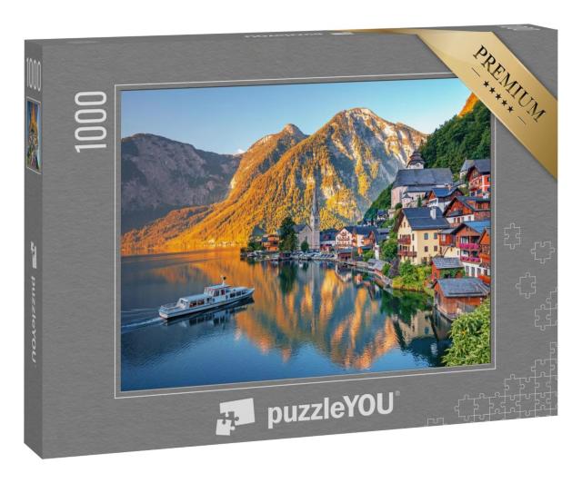 Puzzle 1000 Teile „Hallstatt: malerisches Ansichtskartenmotiv des Alpenortes, Österreich“