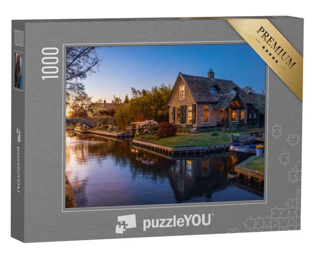 Puzzel 1000 stukjes „Prachtige zonsondergang over kanaal en pittoreske huizen, Giethoorn, Nederland“