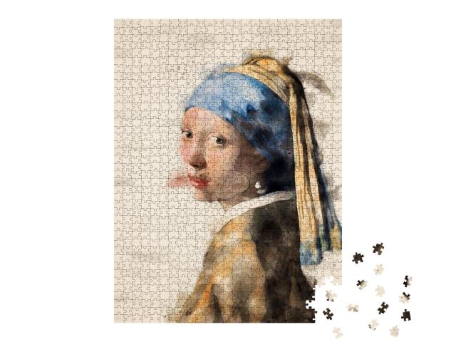 Puzzle 1000 Teile „Mädchen mit einem Perlenohrring, Umzeichnung als Aquarell“