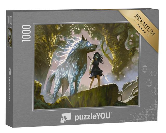 Puzzel 1000 stukjes „Wild meisje met haar wolf in het bos, digitale kunststijl“