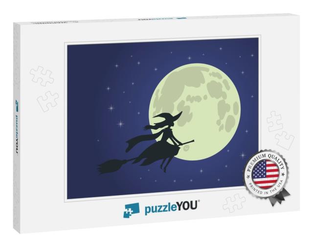 Halloween Theme Beautiful Witch Flies on Broomstick... Jigsaw Puzzle