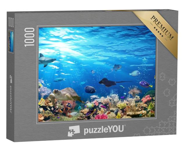 Puzzel 1000 stukjes „Onderwaterwereld met koraalrif, vissen, haaien, schildpadden en manta's“