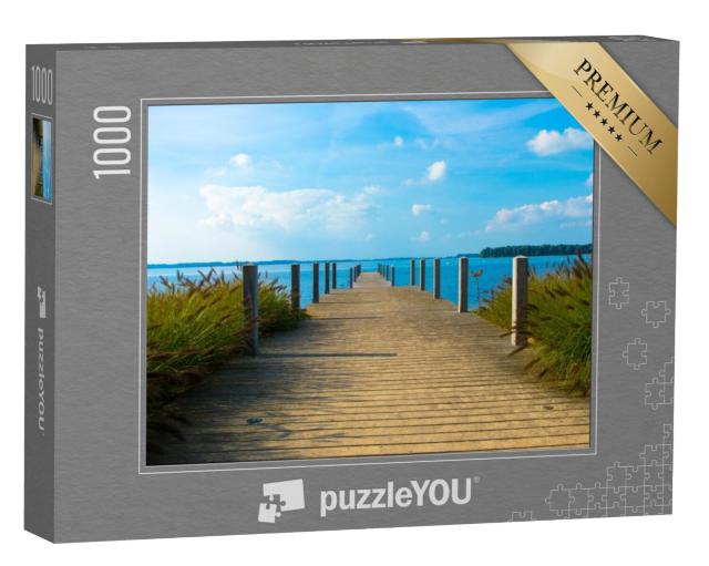 Puzzel 1000 stukjes „Houten brug met houten palen, recreatiegebied aan het Veluwemeer bij Nunspeet, Gelderland“