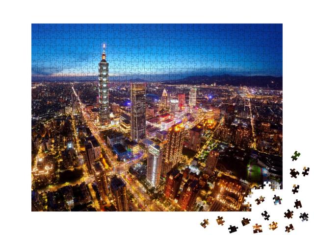 Puzzle 1000 Teile „Luftaufnahme des Stadtzentrums von Taipeh, Taiwan, in der Abenddämmerung“